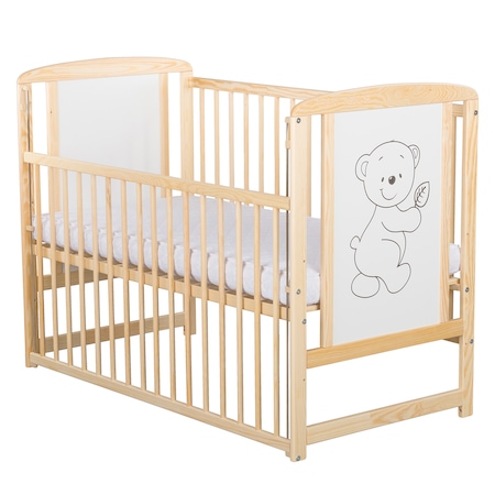 Patut din lemn, BabyNeeds, Timmi, Cu laterala culisanta, Din lemn de pin si mdf, Stabil si rezistent, Inaltime saltea reglabila pe 3 nivele, Laterala cu 3 bete detasabile, 120x60 cm, Natur