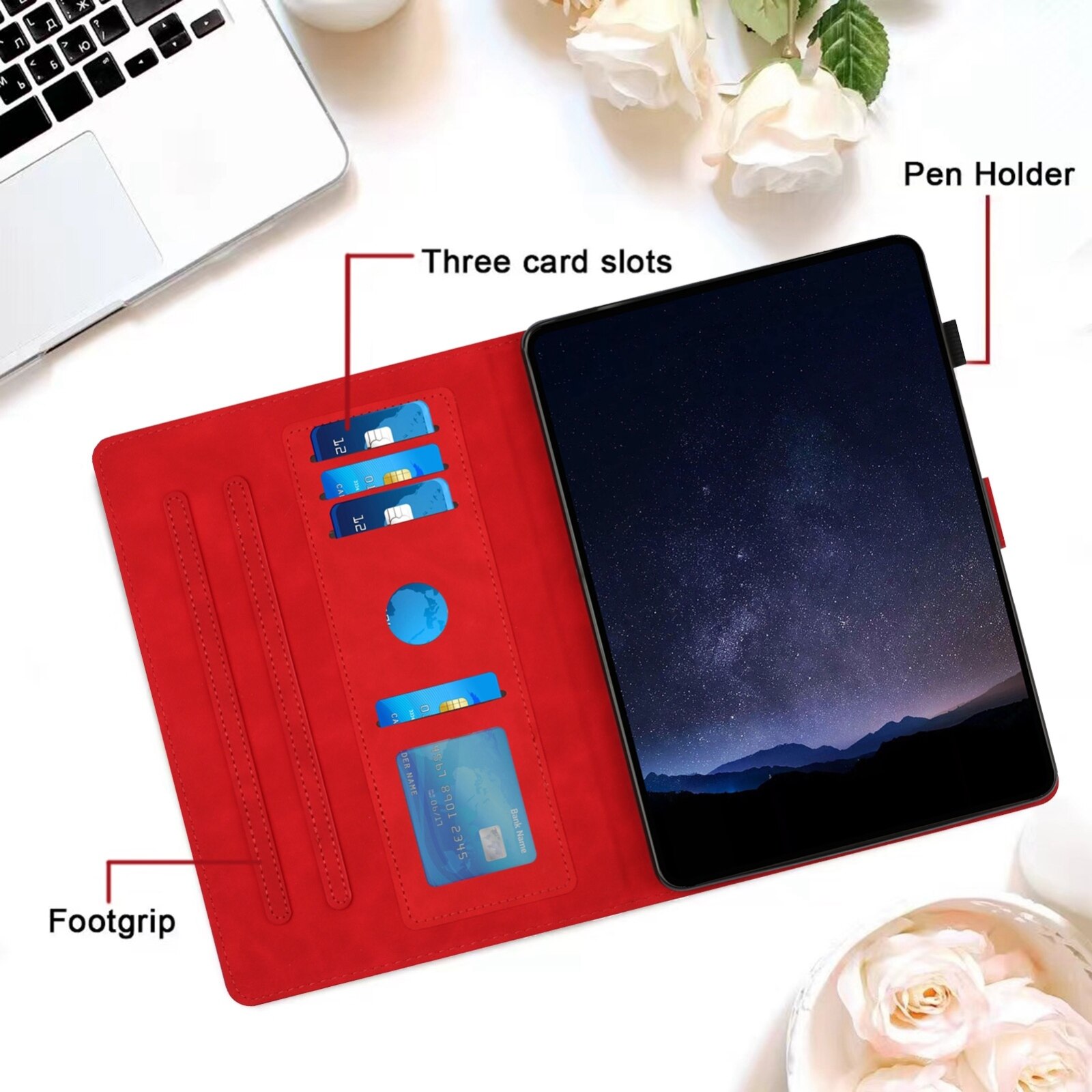 Husa tableta compatibila cu Samsung Galaxy Tab A9+, piele gravata cu model de faguri de miere, inteligenta, rosu