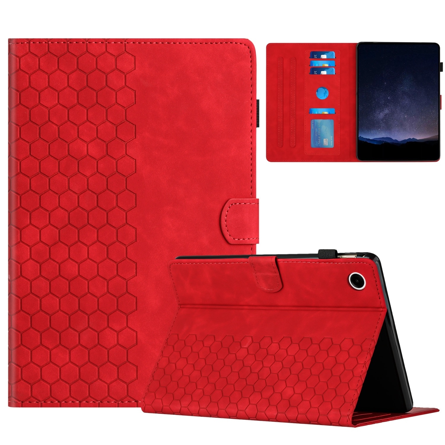 Husa tableta compatibila cu Samsung Galaxy Tab A9+, piele gravata cu model de faguri de miere, inteligenta, rosu
