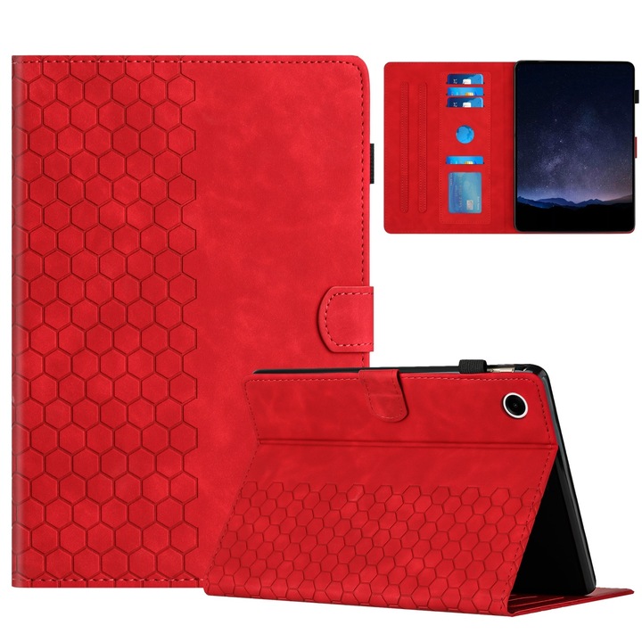 Husa tableta compatibila cu Samsung Galaxy Tab A9+, piele gravata cu model de faguri de miere, inteligenta, rosu