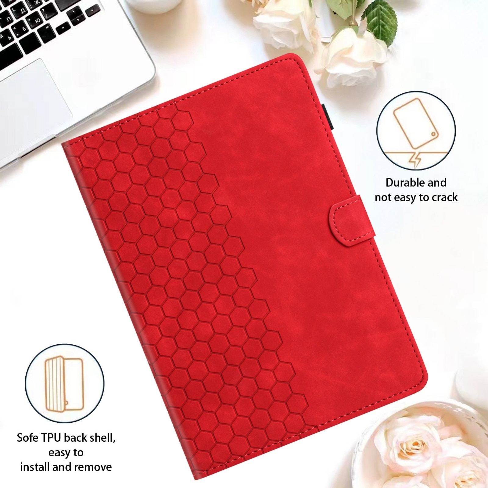 Husa tableta compatibila cu Samsung Galaxy Tab A9+, piele gravata cu model de faguri de miere, inteligenta, rosu