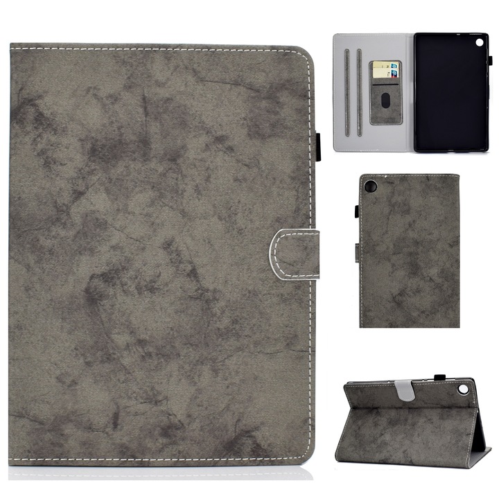 Husa tableta compatibila cu Samsung Galaxy Tab A9, textura din material textil cu aspect marmura, piele inteligenta, gri