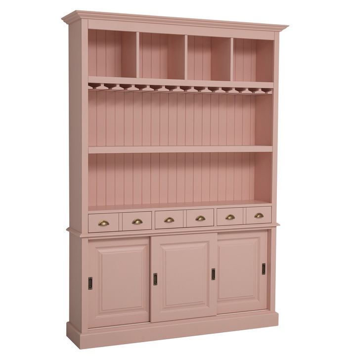 Mobila bar cu 3 usi, culoare roz antichizat P043A, vopsit, 100% lemn masiv, 151x210x36 cm