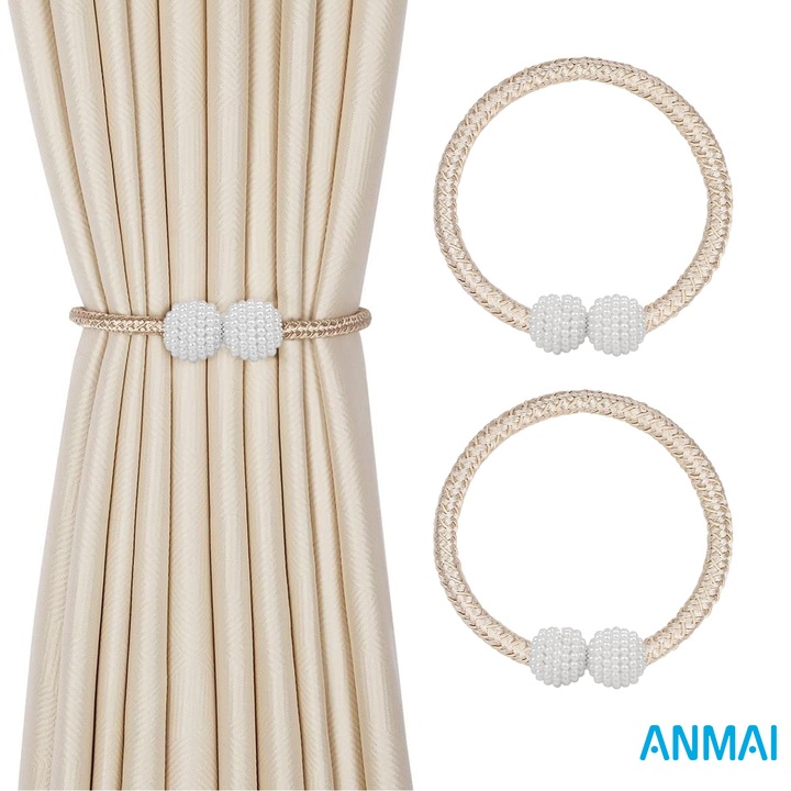 Set 2 magneți decorativi pentru perdele Anmai, cu perle și curea textilă, 48cm, Champagne