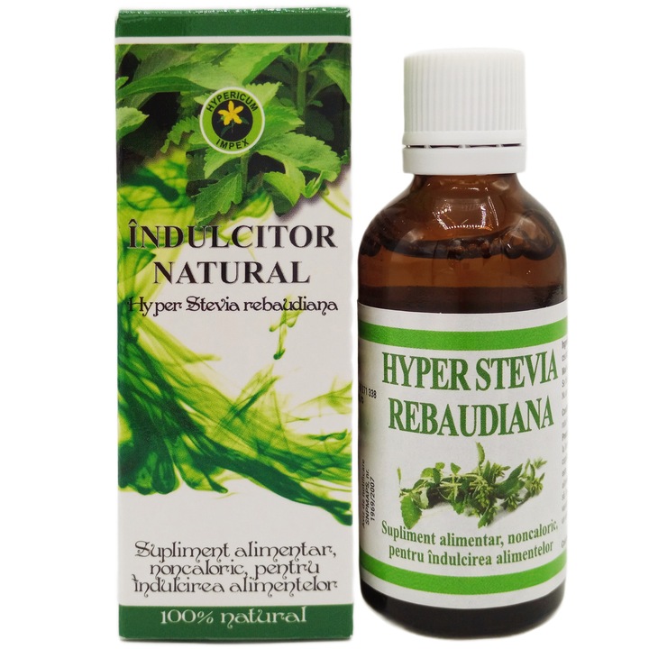 Indulcitor natural lichid din Stevie fara zahar, fara aditivi, cu picurator usor de dozat, 50ml, Universul Hypericum