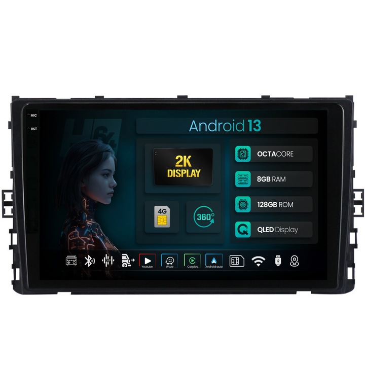 Navigatie 2K HUB64 Volkswagen T-Roc (2017, ), 8GB RAM, Android 13, Octacore, Slot Sim 4G, DSP, GPS, Wi-FI, Carplay, Android Auto, USB, Bluetooth, Waze, Touchscreen, 9.5 Inch