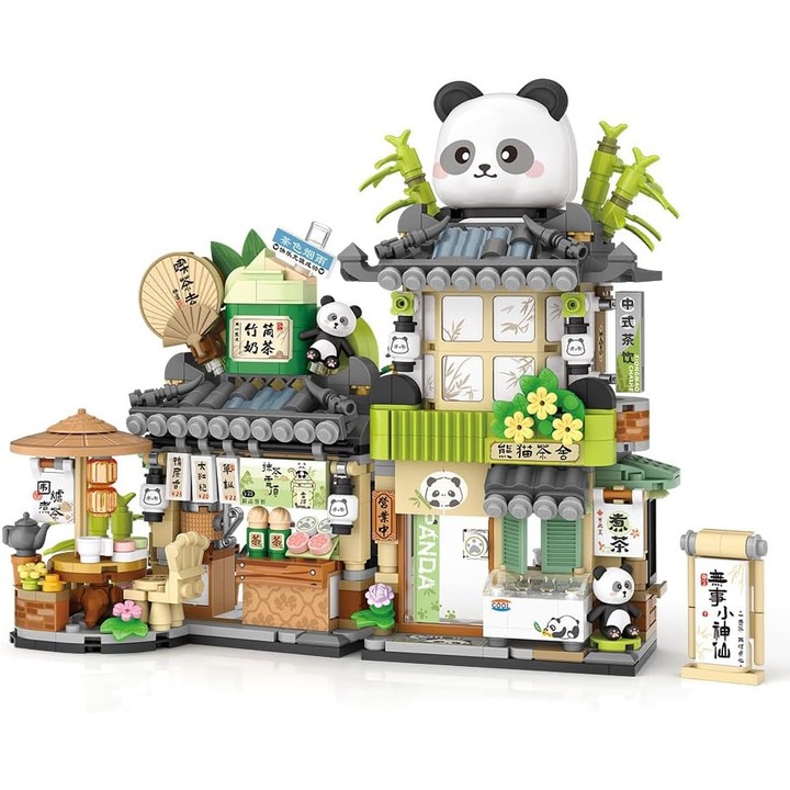 Utcaképes Teaház Mini építőkockák, Kreatív építőjátékok Aranyos Panda Állatok Építőkészlet 6-12 éves lányoknak, Szimulációs Építészeti Építőjáték, Ajándékötlet Gyerekeknek Felnőtteknek (860 db)