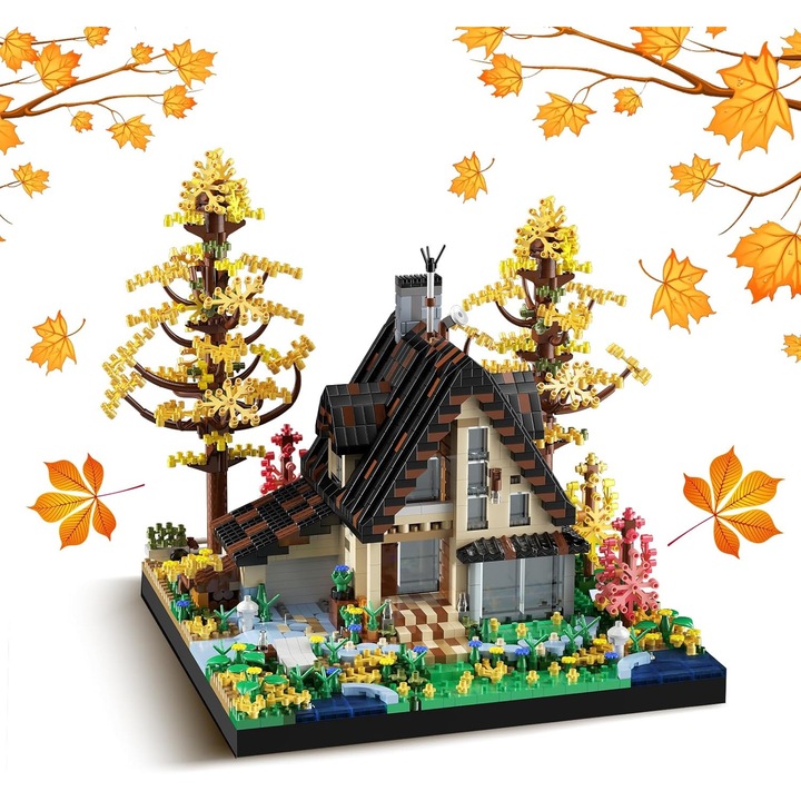 Villa építőkészlet, őszi faház építőkockák virágoskerttel, őszi erdei faházak építőkészlet fiúknak és lányoknak, Halloween, karácsony, születésnapi ajándék (2635 db)
