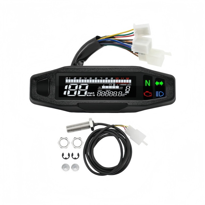 Digitális sebességmérő motorkerékpárhoz, univerzális, LCD, műanyag+fém, fekete