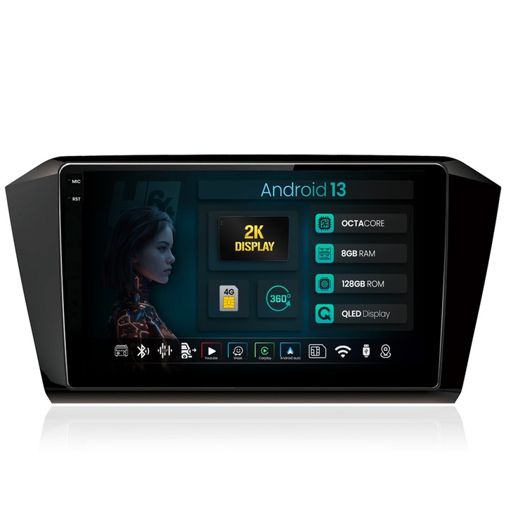 Navigatie 2K HUB64 Volkswagen Passat B8, 8GB RAM, Android 13, Octacore, Slot Sim 4G, DSP, GPS, Wi-FI, Carplay, Android Auto, USB, Bluetooth, Waze, Touchscreen, 10.36 Inch