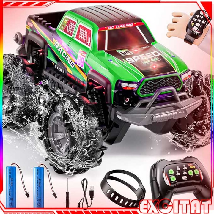 Masina Off-Road cu Telecomanda, Excitat®, 2.4G Radio Controlled Car, masinuta de cascadorie, Rock Crawler, off-road, Telecomanda dubla, Cu lumina LED, Rotire 360 Grade, 4WD, Potrivita copiilor cu varsta intre 7-14 ani, Verde/Negru