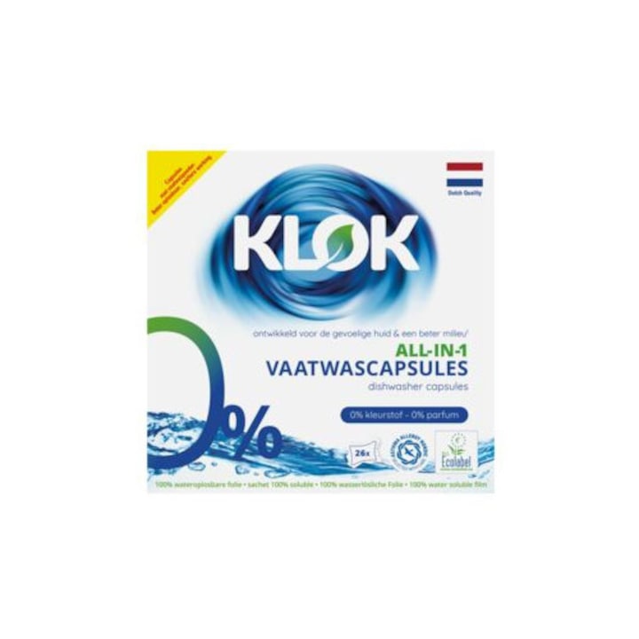 Capsule KLOK ALL-in-1 pentru masina de spalat vase, 0% parfum, 0% coloranti, ecologic (26 capsule x 18g)