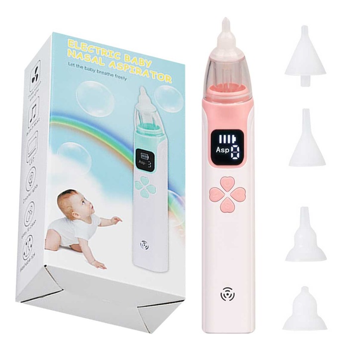 Aspirator nazal pentru bebelusi, pulverizare si aspiratie electrica pentru nas 2 in 1, aspirator nazal pentru bebelusi cu aspiratie puternica, functie de muzica si liniste usoara, roz