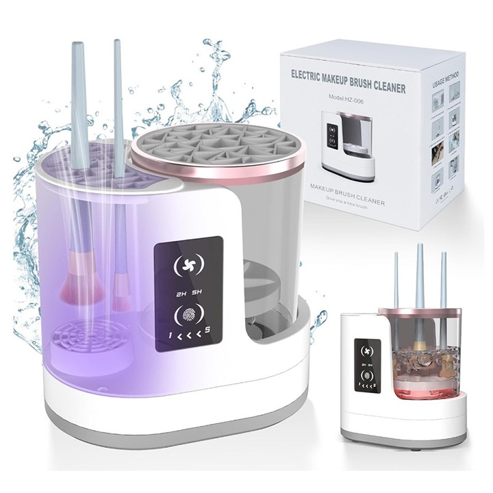 Dispozitiv de curatat pensule de machiaj, 3 in 1, dispozitiv de curatare si uscator cu ultrasunete pentru pensule de machiaj si suport pentru pensule de machiaj, afisaj LCD, USB, ABS, alb