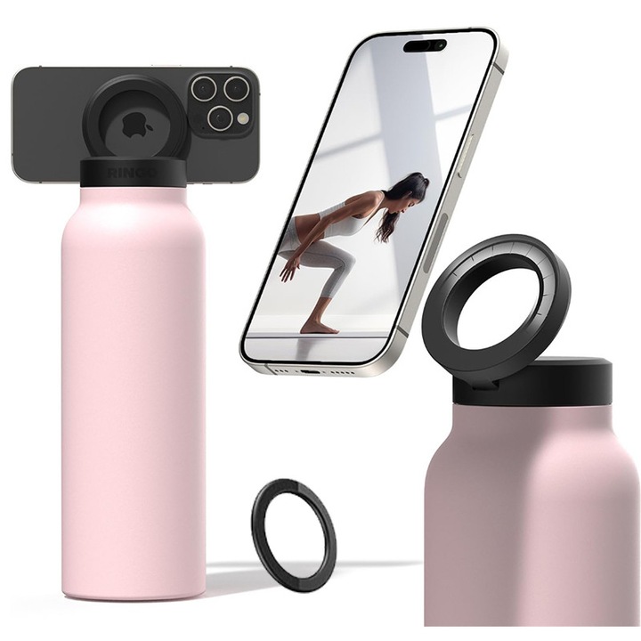 Termos / Sticla de Apa cu Inel Magsafe, suport pentru telefon, 700 ml, izolatie cu perete dublu, pentru sala de sport, calatorie, vacanta, munca, sofat, roz