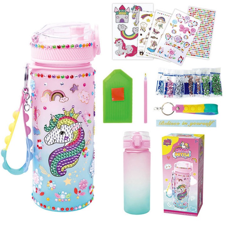 Sticla de apa creativa DIY pentru copii cu pietre pretioase, 600ml, 5D, Potrivit pentru scoli si in aer liber, Poate fi folosit ca un cadou de sarbatori, Roz (inorog )