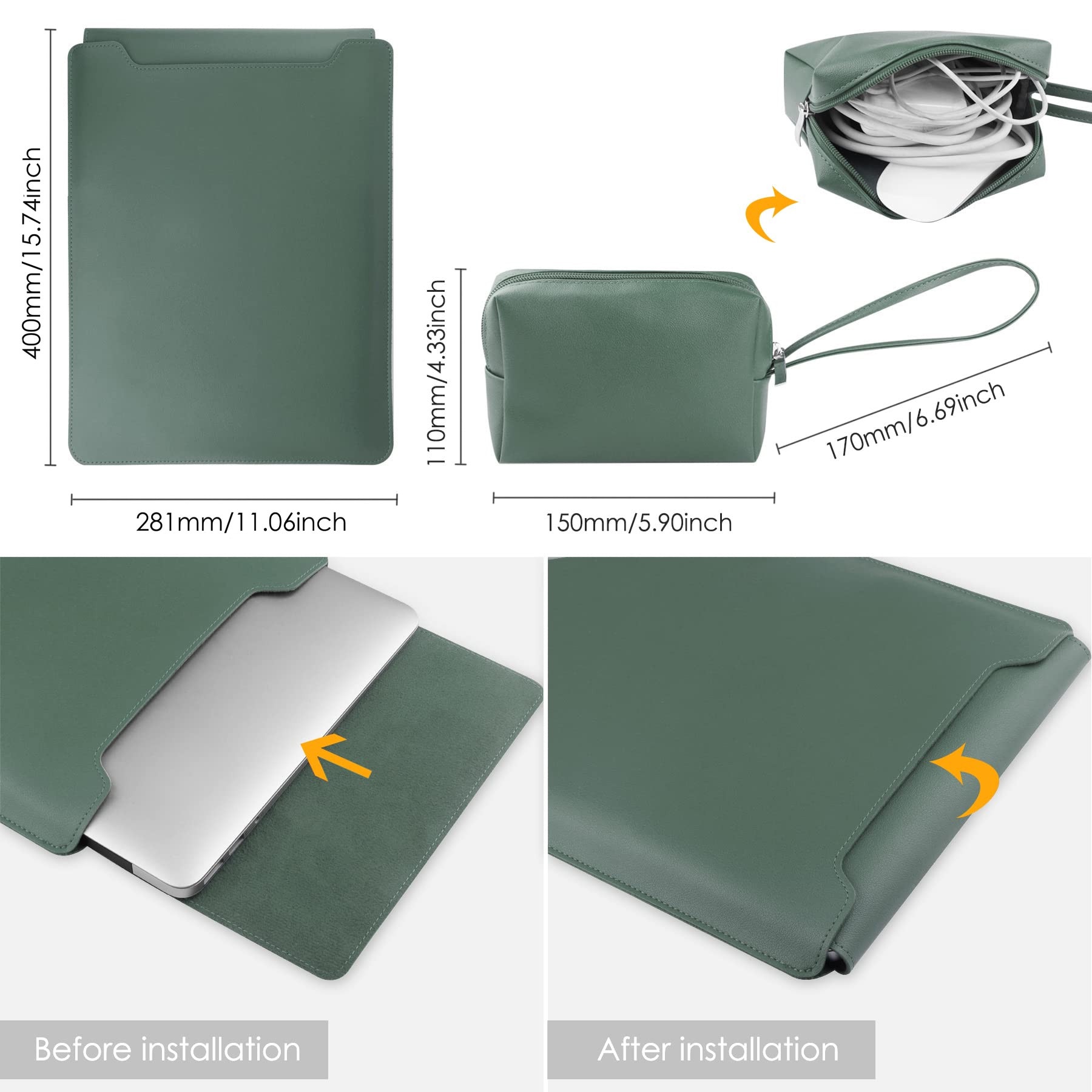 Husa Laptop 15-16 inch, 4 in 1 cu foldable stand, oein®, compatibila cu MacBook Air, MacBook Pro, Piele Ecologica, Marime Universala, 28 x 38 cm, Verde