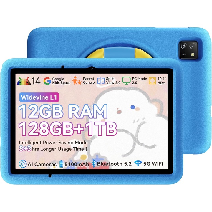 Детски таблет Blackview Tab A6, 10.1-инчов Android 14 с четириядрен процесор до 2.0 GHz, WiFi 5G/2.4G, IPS HD 1280x800 екран, Bluetooth 5.0, 5580mAh, родителски контрол, син