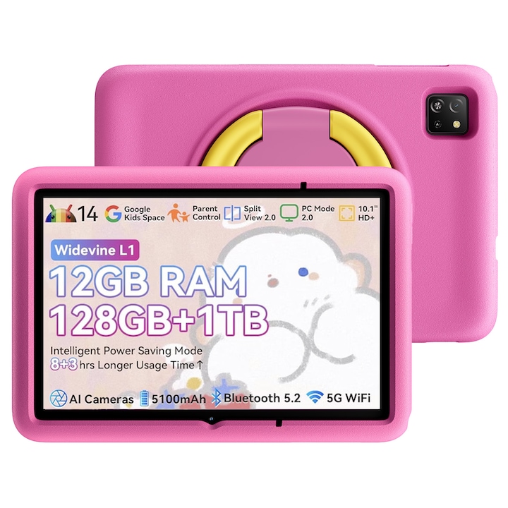 Blackview Tab A6 KIDS таблет, 10.1 инча Android 14 таблети с четириядрен процесор до 2.0 GHz, WiFi 5G/2, 4G, 5580mAh, IPS HD 1280x800 екран, Bluetooth 5.0, родителски контрол, розов