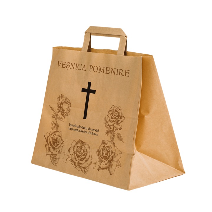 Set 500 bucati Pungi Hartie pentru parastase, comemorari, inmormantari Vesnica Pomenire, 32 x 27 x 21cm, kraft Natur, Model 2