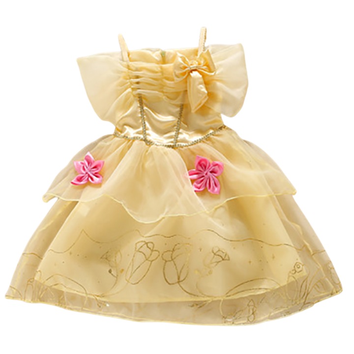 Rochie fetite pentru carnaval cu sclipici auriu si brosa Mixbo, funda si flori, Printesa, satin/tul, 8-9 ani, galben