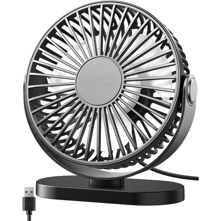Hordozható asztali ventilátor, függő, szénkefe nélküli motor, csendes, 3 sebességfokozat, gyors hűtés, 3,5 W, USB-ről táplált, hordozható akkumulátorral kompatibilis, fekete, ABS