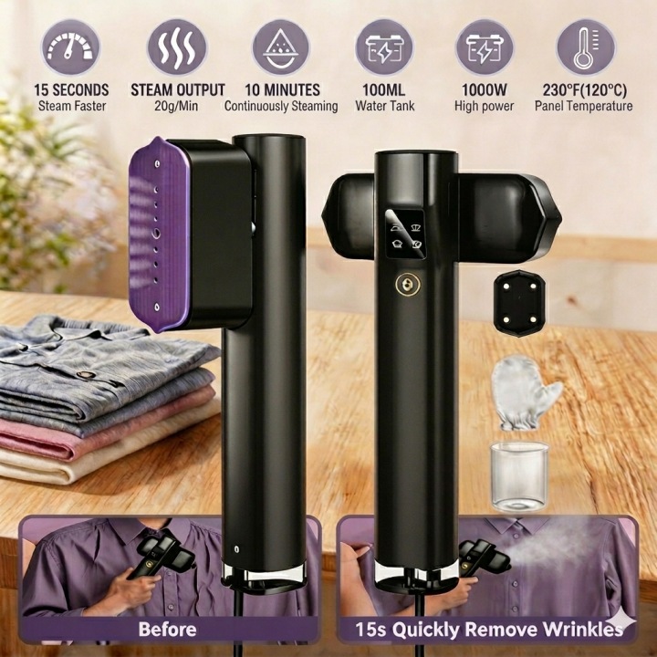 MOSMAOO® Aparat de Calcat cu Abur Portabil 2 in 1, 1200W, Incalzire Rapida 15 Secunde, 4 Moduri, Rezervor 100ml, 20 Min Abur Continuu, Ideal pentru Haine, Calatorii si Uz Casnic, Negru