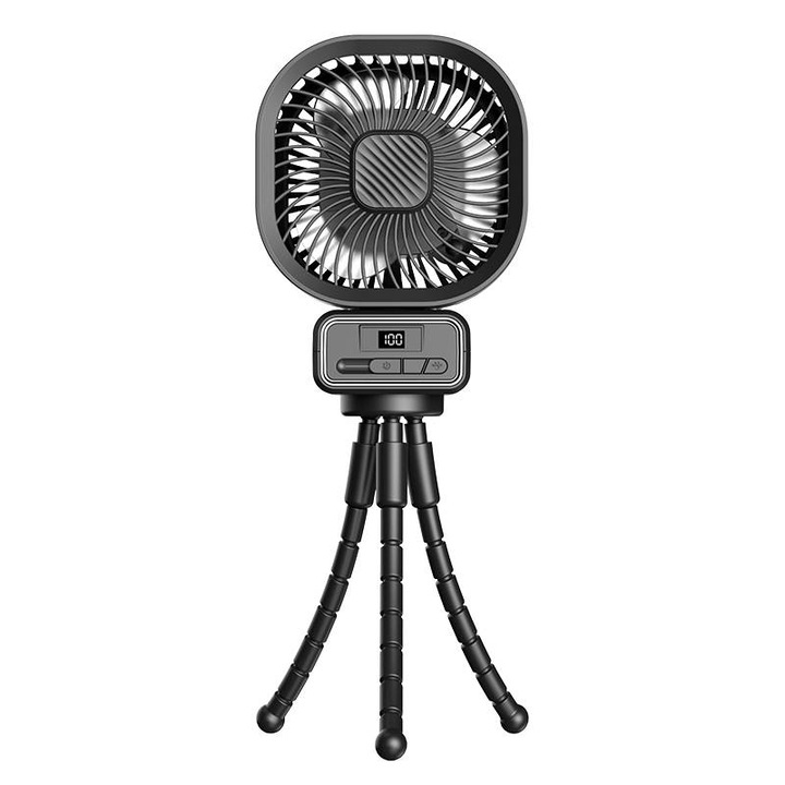 Ventilator portabil, YSBER, 5000mAh, 3 trepte de viteza, Poate roti capul la 270 de grade, incarcare USB cu si trepied pentru camping, birou sau carucior de copii, pana la 6-18 ore de utilizare, ABS, Negru