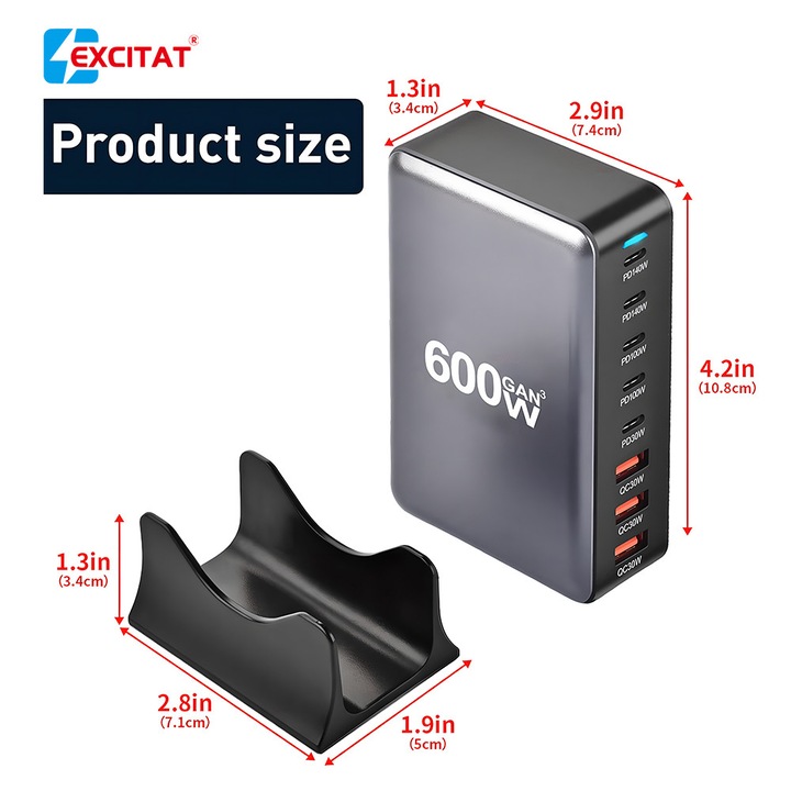 EXCITAT® 600W GaN3 8-портова зарядна станция – Бързо и компактно зарядно устройство с 5x USB-C (до 140W) + 3x USB-A – Идеално за лаптопи, телефони, Switch конзола – Включва 2 м въртящ се USB-C кабел, 60W