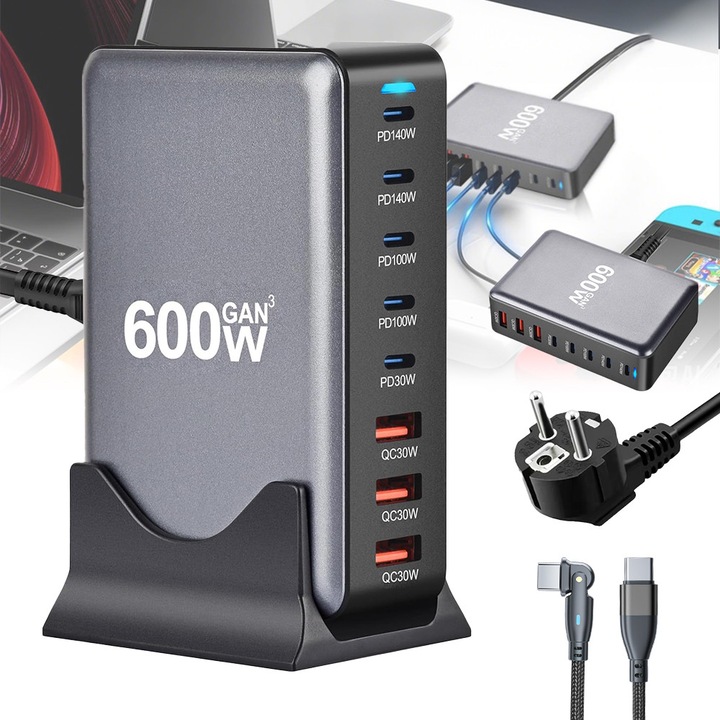 EXCITAT® 600W GaN3 8 portos töltőállomás – Gyors és kompakt töltő 5x USB-C (akár 140W) + 3x USB-A csatlakozóval – Ideális laptopokhoz, telefonokhoz, Switch konzolhoz – Tartalmaz 2 m-es forgó USB-C kábelt, 60W