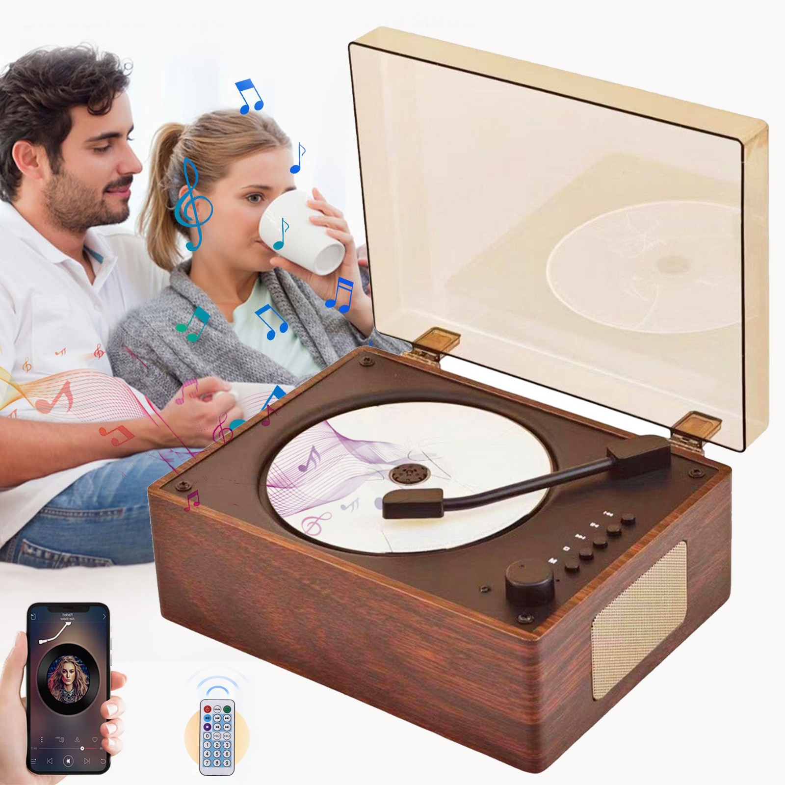 EXCITAT® CD Player Portabil din Lemn de Nuc, Design Retro cu