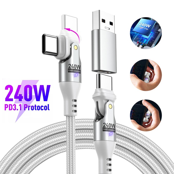 Excited® 240W USB-C кабел за бързо зареждане, бял, с E-MARK чип и USB-A адаптер, съвместим с PD, 1M