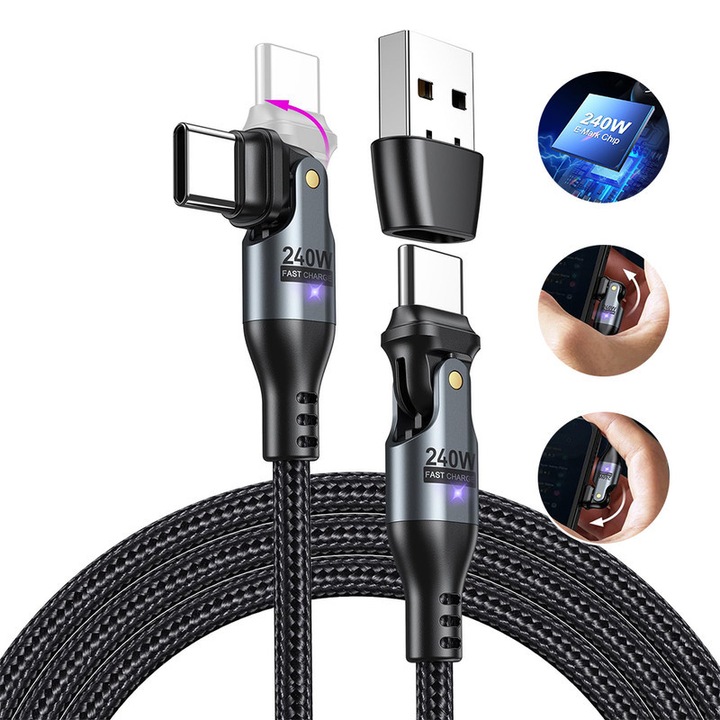 Excitat 240W USB-C кабел за бързо зареждане, черен, с E-MARK чип и USB-A адаптер, съвместим с PD, 2M