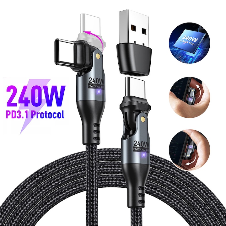Excited® 240W USB-C кабел за бързо зареждане, черен, с E-MARK чип и USB-A адаптер, съвместим с PD, 1M