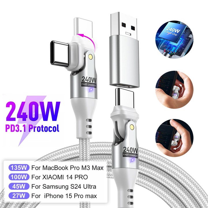 Excited® 240W USB-C кабел за бързо зареждане, бял, с E-MARK чип и USB-A адаптер, съвместим с PD, 2M
