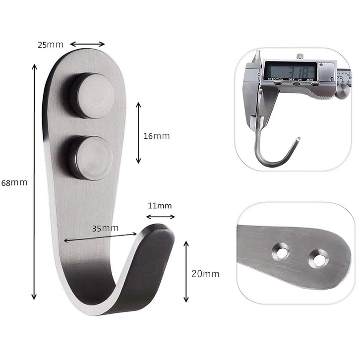 Set 6 carlige din inox, montare pe perete, finisaj periat, rezistente la rugina, pentru baie, bucatarie, dormitor