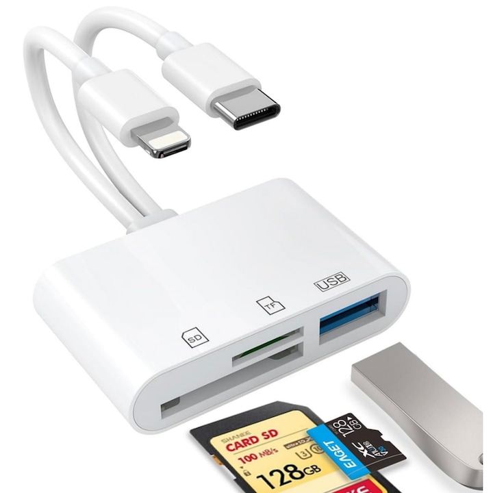 Cititor de carduri SD pentru iPhone, iPad, USB C si Lightning Adaptor de card SD cu porturi duble, Cititor de carduri de memorie pentru adaptorul pentru camera, Suport SD, Micro SD, USB 3.0, nu este necesar driver de aplicatie