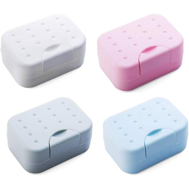 Set de 4 suporturi pentru sapun, cu capac, din plastic, pentru baie, dus si bucatarie, dimensiuni compacte
