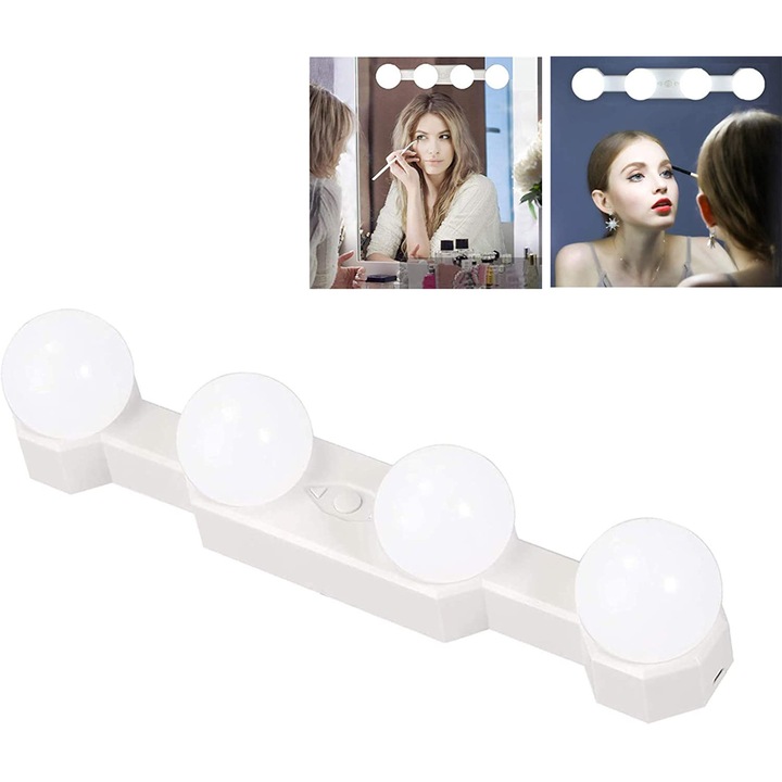 Sminklámpa / Hollywood tükörvilágítás, szabályozható intenzitású, hordozható 2 tapadókoronggal, USB/4 x AAA tápellátás (elemek nem tartozék), hideg fehér, 1 db