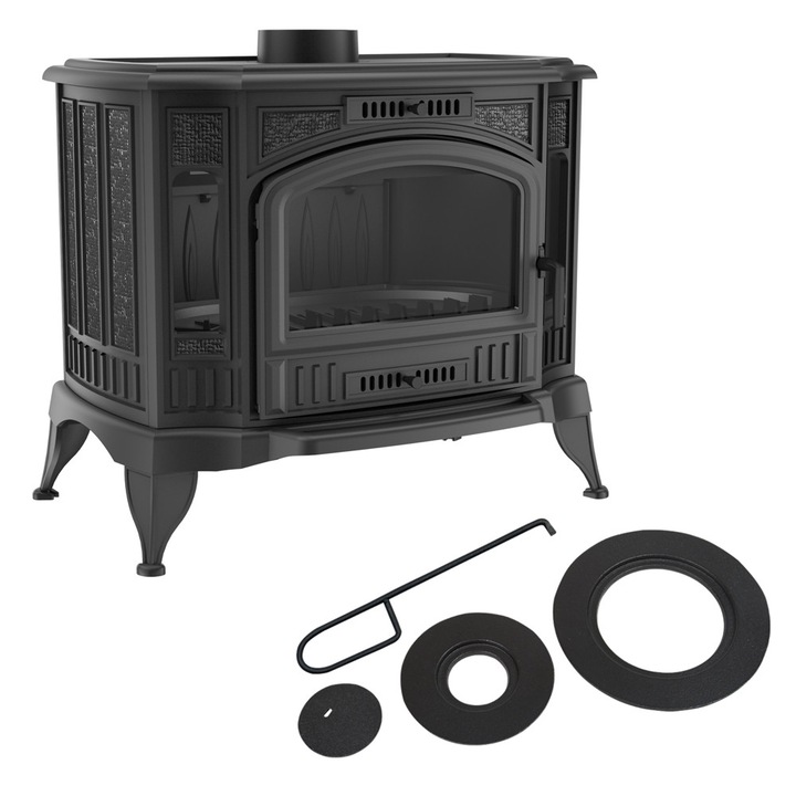 Чугунена печка Kratki K9 Ø 150 с котлони, Дърва, Мощност 10.5 kW, Размери 69.9x54.6 см, Черен