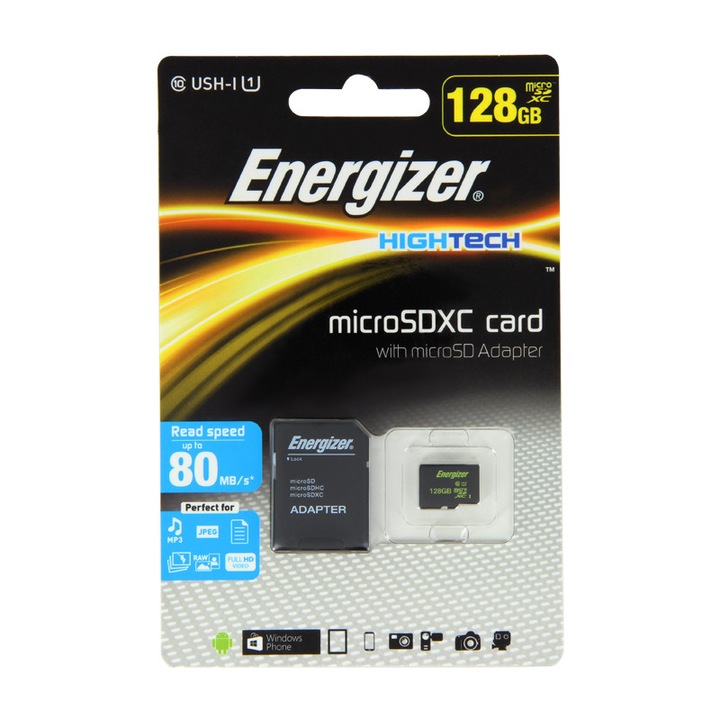 Карта памет ENERGIZER MicroSDXC HighTech, 128GB,USH-I 1, Class 10 + Адаптер