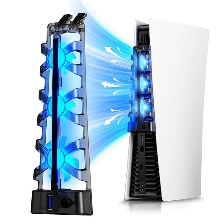 PS5 hűtőventilátor, Gyors sebesség: 5500±1100 RPM, Konzolon keresztüli tápellátás, Hőmérséklet csökkentés ~40%, Alacsony zajszint, USB 2.0 port gyors adatátvitelhez/tápellátáshoz, Kompatibilis: PS5 Disc Edition/PS5 Digital Edition