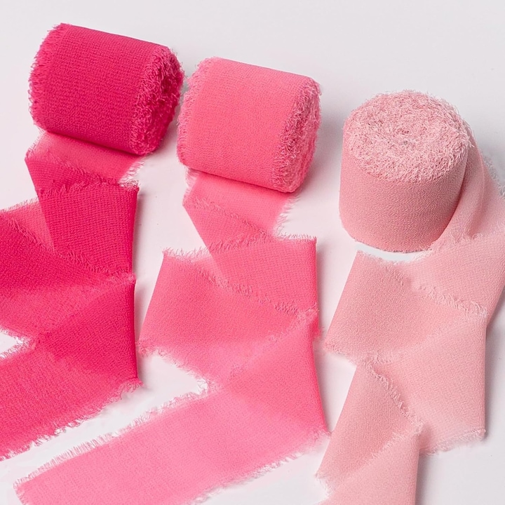 Panglica de Sifon, Roz Intens si Roz Pastel, 3.8 cm x 5 m, Panglici de Matase cu Margini Franjurate pentru Ambalarea Cadourilor, Decor Manual, Vaza Florala, Nunta, Zi de Nastere, Logodna, Petrecere de Mireasa, Ziua Mamei, 3 Role