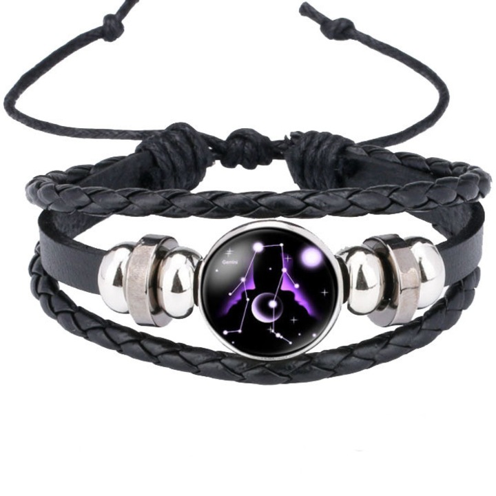 Bratara, Piele, Multistrat, unisex, constelatie, Gemeni, lungime ajustabila