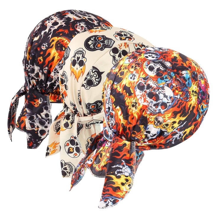 Комплект от 3 бандани Durag, модел на череп, Allizban®, унисекс, полиестер, универсален размер, многоцветен
