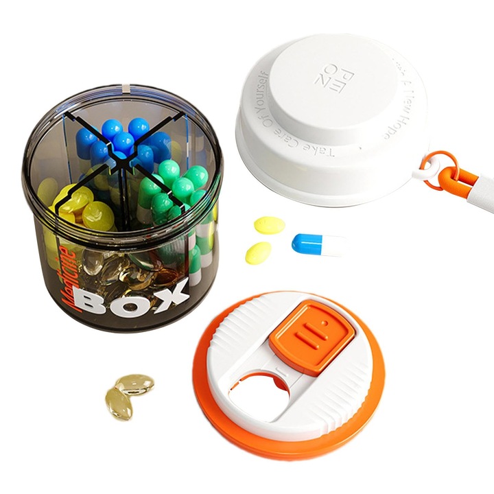 Organizator medicamente, AllizBan®, cu 4 compartimente, transparent, ideala pentru calatorii, PP, 6.6 x 6.5 x 5.2cm, Alb/Portocaliu