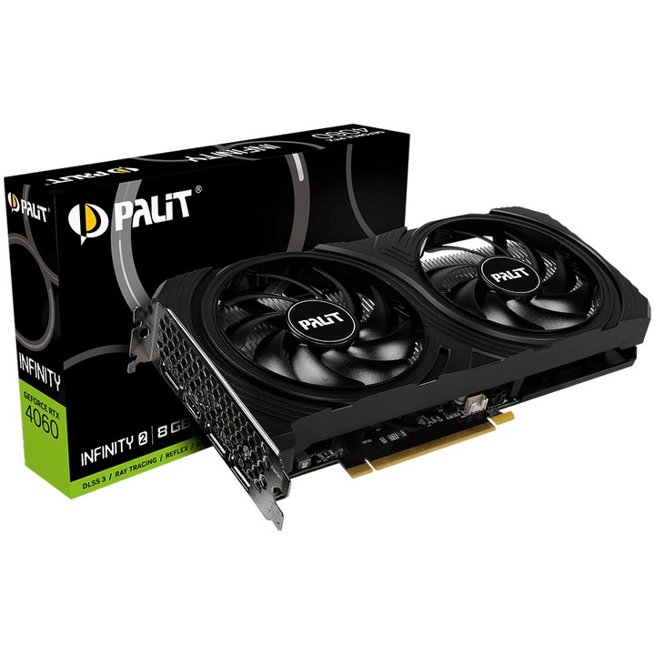 Видео карта Palit, RTX 4060 Infinity 2, 8GB GDDR6, 128 bits, 1x HDMI 2.1, 3x DP 1.4a, two fan, 1x 8-pin Power connector, PSU 600W, NE64060019P1-1070L