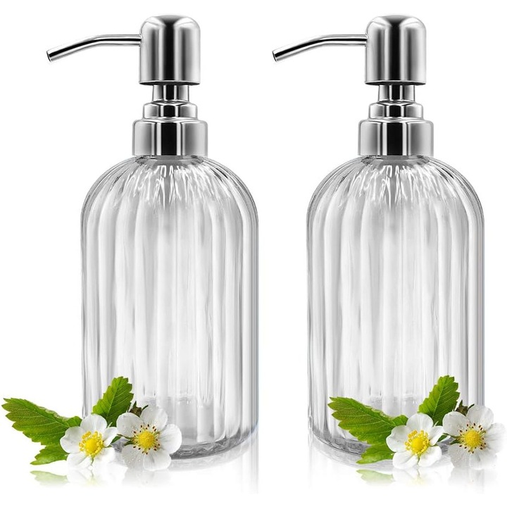 Dozator sapun sticla 14oz set 2 buc transparent pompa inox