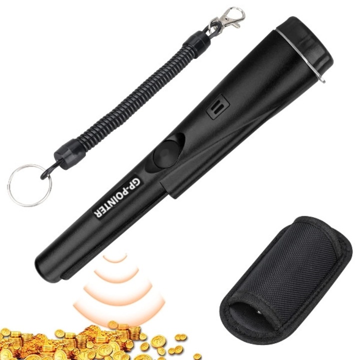 Fekete fémdetektor hang- és rezgésriasztással, 360°-os szkennelés, vízálló, könnyen hordozható, ideális érmék, arany, ezüst, strand vagy régészet számára