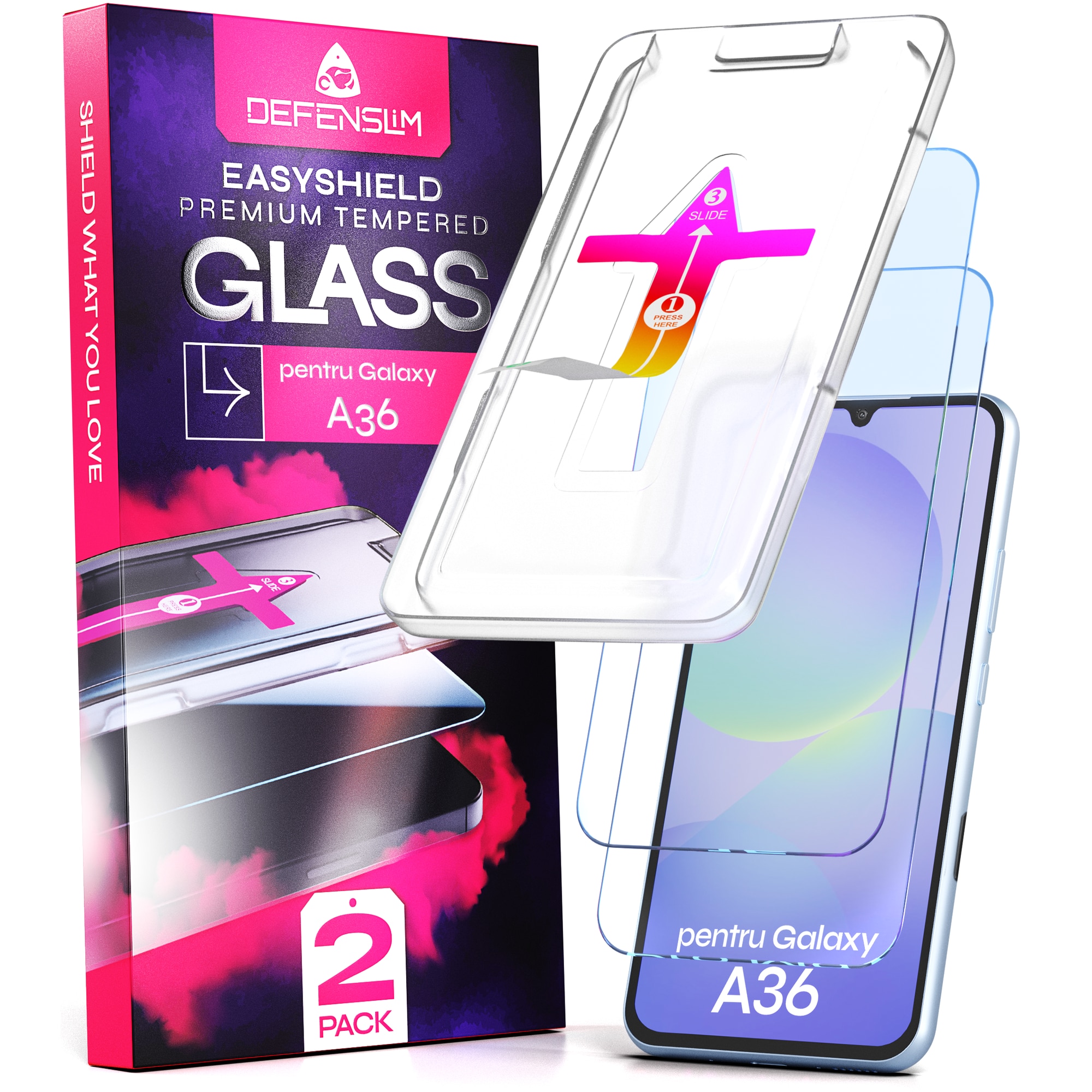 Set 2 Folii sticla compatibil cu Samsung Galaxy A36, DefenSlim, instalare usoara si rapida cu dispozitiv de potrivire automata in 30 sec cu Easy Install Kit patentat, protectie telefon